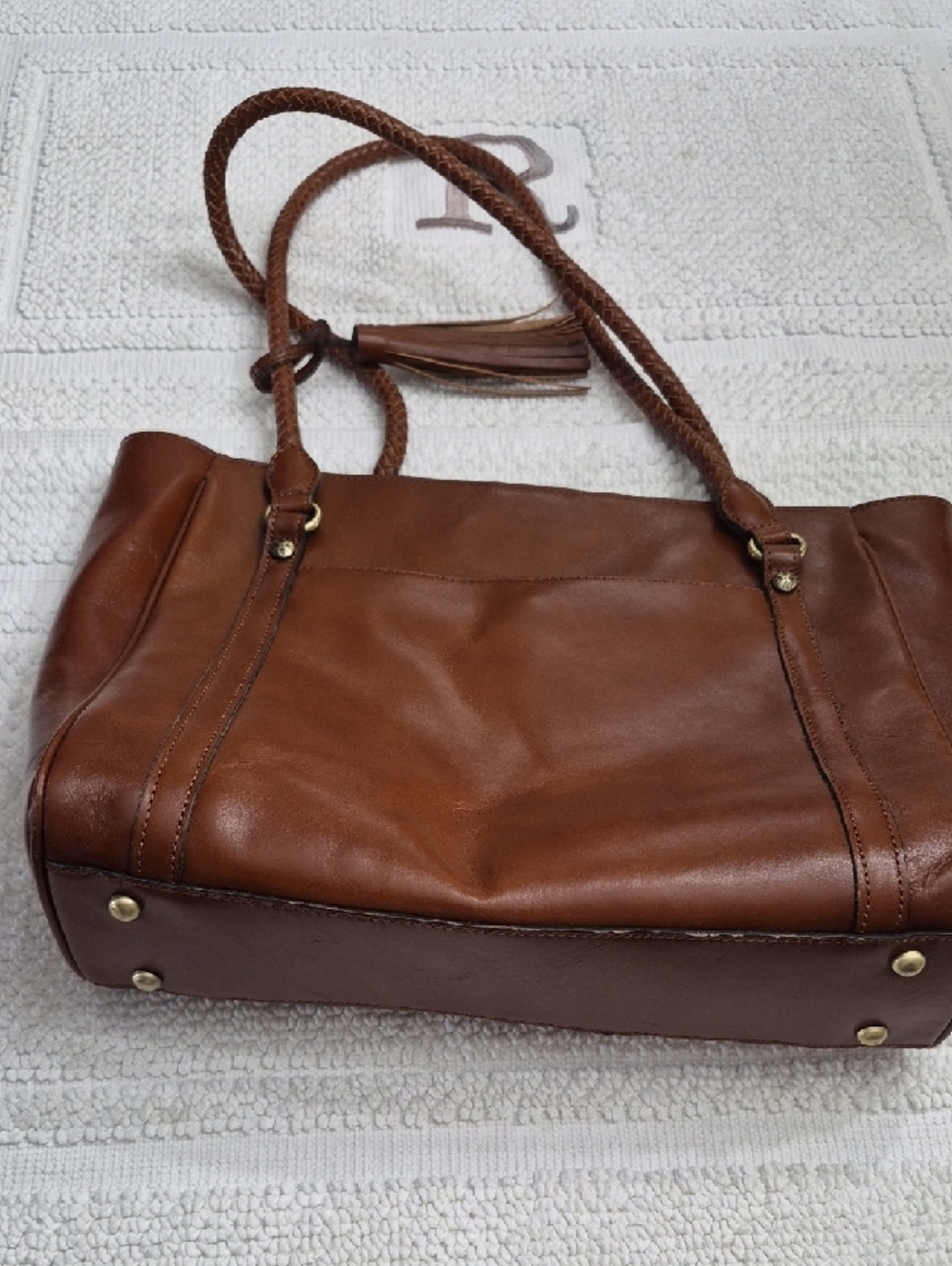 PATRICIA NASH CAMELY Cognac Antique Brass Leather Tote Bag 17×12 - Picture 4 of 16
